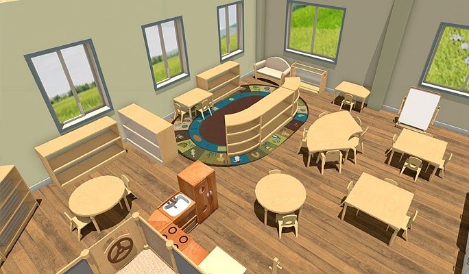 Heller Kita-Raum mit Holzmöbeln, Spielteppich und verschiedenen Sitzbereichen